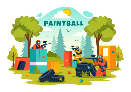 People Playing Paintball Vector Illustration of Fighter Player Shooting with Gun Shoot, Aim, Attack in Field Scene in Flat Cartoon Backgroundのイラスト素材