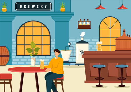 Brewery Production Process Vector Illustration with Beer Tank and Bottle Full of Alcohol Drink for Fermentation in Flat Cartoon Backgroundのイラスト素材