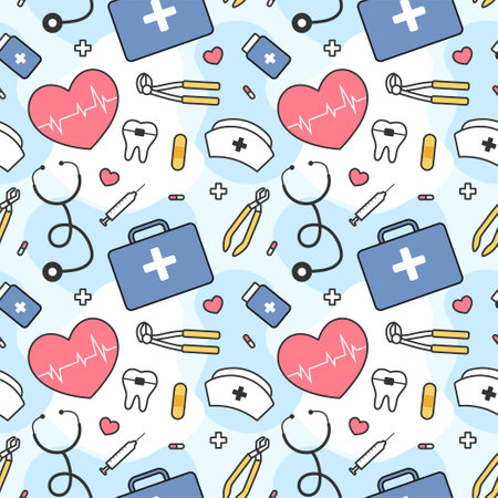 Doctors Seamless Pattern Design with Medical Equipment in Template Hand Drawn Cartoon Illustrationのイラスト素材