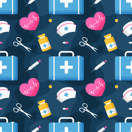 Doctors Seamless Pattern Design with Medical Equipment in Template Hand Drawn Cartoon Illustrationのイラスト素材