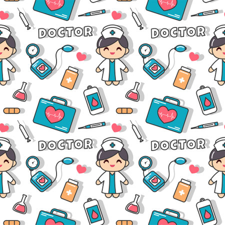 Doctors Seamless Pattern Design with Medical Equipment in Template Hand Drawn Cartoon Illustrationのイラスト素材