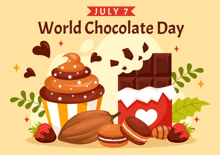 World Chocolate Day Celebration Vector Illustration on 7 July with Melted Chocolates and Cake in Flat Cartoon Background Designのイラスト素材
