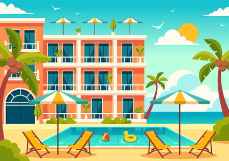 Hotel Vector Illustration of interior and exterior with building on green grass, beach and promenade street and palm trees in Flat Cartoon Backgroundのイラスト素材