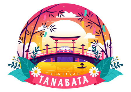 Tanabata Japan Festival Vector Illustration with People Wearing Kimono and Peonies Flowers in National Holiday Flat Cute Cartoon Backgroundのイラスト素材