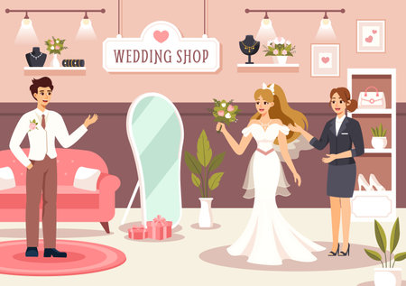 Wedding Shop Vector Illustration with Lover Looking for Jewellery, Beautiful Bride Gowns and Accessories to Get Married in Flat Cartoon Backgroundのイラスト素材