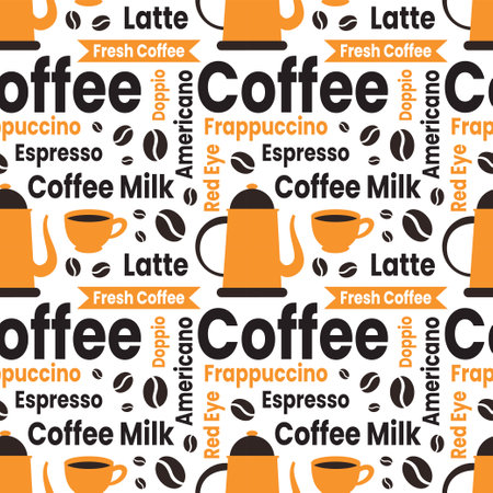 Coffee Time Seamless Pattern Design With Cacao Beans, Grains and Jug in Cartoon Flat Illustrationのイラスト素材