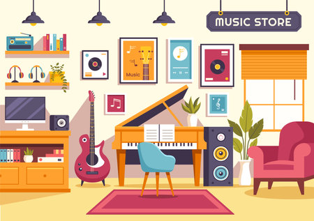 Music Store Vector Illustration with Various Musical Instruments, CD, Cassette Tapes and Audio Recordings in Flat Style Cartoon Background Designのイラスト素材