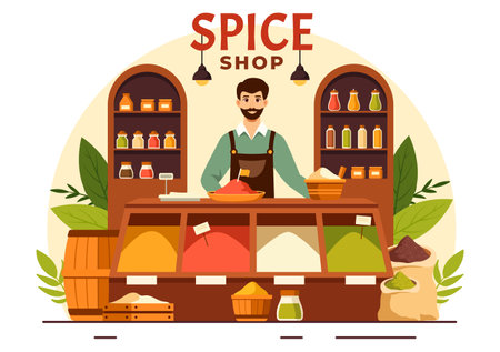 Spice Shop Vector Illustration With Different Hot Sauces, Condiment, Exotic Fresh Seasoning and Traditional Herbs in Flat Cartoon Backgroundのイラスト素材