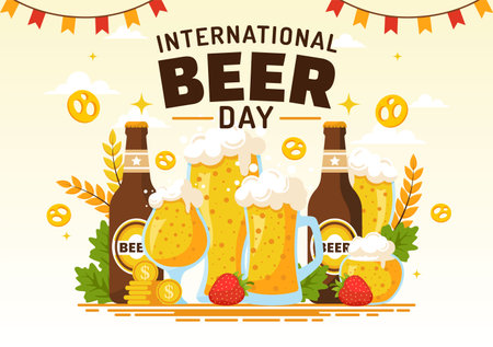International Beer Day Vector Illustration on 5 August with Cheers Beers Celebration and Brewing in Flat Cartoon Background Designのイラスト素材