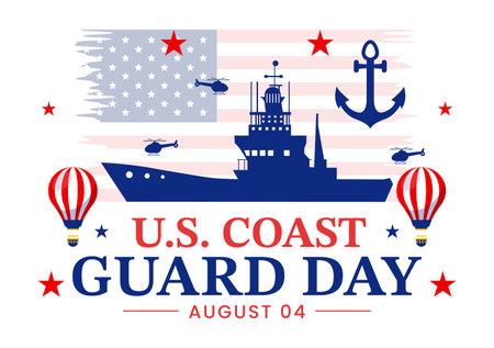 United States Coast Guard Day Vector Illustration on August 4 with American Waving Flag and Ship in National Holiday Flat Cartoon Backgroundのイラスト素材