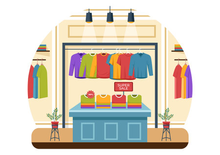T shirt Store Vector Illustration with Shopping for Clothes or T-shirt for Fashion Styles Women or Men in Flat Cartoon Background Designのイラスト素材