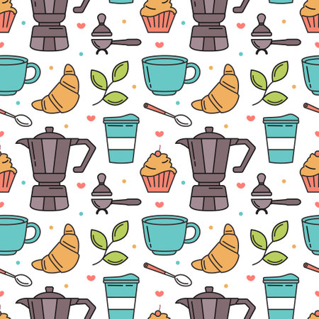 Coffee Time Seamless Pattern Design With Cacao Beans, Grains and Jug in Cartoon Flat Illustrationのイラスト素材