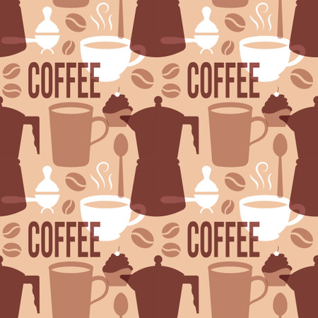 Coffee Time Seamless Pattern Design With Cacao Beans, Grains and Jug in Cartoon Flat Illustrationのイラスト素材