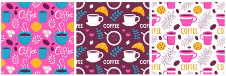 Coffee Time Seamless Pattern Design With Cacao Beans, Grains and Jug in Cartoon Flat Illustrationのイラスト素材