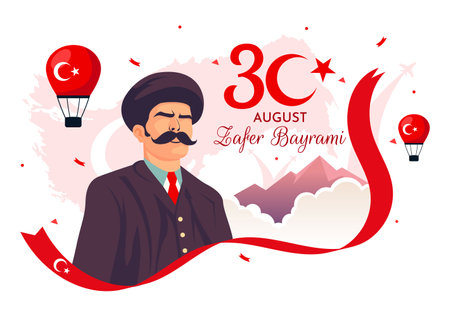 Zafer Bayrami Vector Illustration. Translation: August 30 Celebration of Victory and the National Day in Turkey. with Waving Flag in Flat Backgroundのイラスト素材