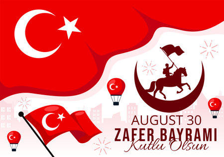 Zafer Bayrami Vector Illustration. Translation: August 30 Celebration of Victory and the National Day in Turkey. with Waving Flag in Flat Backgroundのイラスト素材