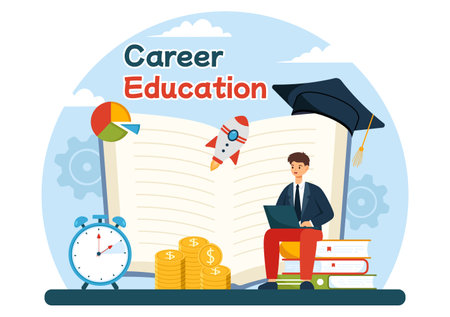 Career Education Vector Illustration with Growth Concept Learning Model to Associate Activity for Real Experience in Flat Cartoon Backgroundのイラスト素材