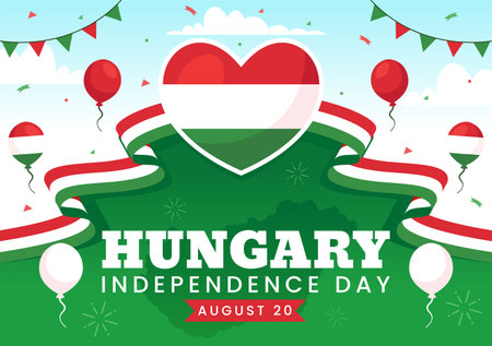 Happy Hungary Independence Day Vector Illustration featuring the Hungarian Waving Flag Background for National Holiday Flat Style Cartoon Backgroundのイラスト素材