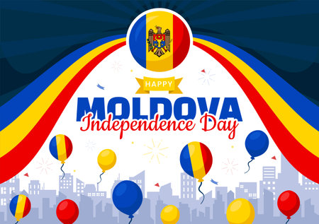 Moldova Independence Day Vector Illustration for August 27 featuring a Waving Flag in a National Holiday Flat Cartoon Style Backgroundのイラスト素材