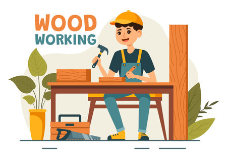 Woodworking Vector Illustration featuring Modern Craftsmen and Workers Producing Furniture Using Tools, Presented in a Flat Cartoon Style Backgroundのイラスト素材