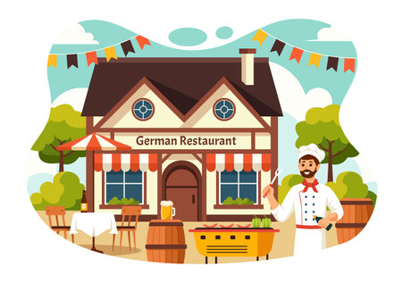 German Food Restaurant Vector Illustration featuring a Collection of Delicious Traditional Cuisine and Drinks on a Flat Style Cartoon Backgroundのイラスト素材