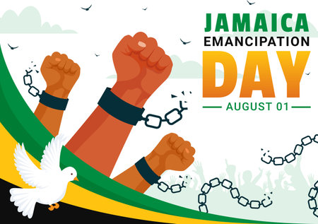 Vector Illustration of Jamaica Emancipation Day on August 1st with a Waving Flag and Patriotic Theme in a National Holiday Flat Cartoon Backgroundのイラスト素材