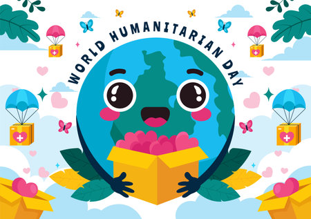 World Humanitarian Day Vector Illustration featuring a Global Celebration of Helping People, Charity, Donations, and Volunteering on a Flat Backgroundのイラスト素材