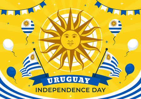 Happy Uruguay Independence Day Vector Illustration on 25 August featuring Waving Flag and Ribbon in National Holiday Flat Style Cartoon Backgroundのイラスト素材
