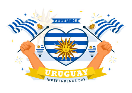 Happy Uruguay Independence Day Vector Illustration on 25 August featuring Waving Flag and Ribbon in National Holiday Flat Style Cartoon Backgroundのイラスト素材