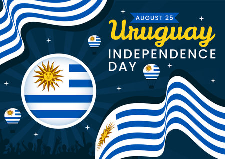 Happy Uruguay Independence Day Vector Illustration on 25 August featuring Waving Flag and Ribbon in National Holiday Flat Style Cartoon Backgroundのイラスト素材