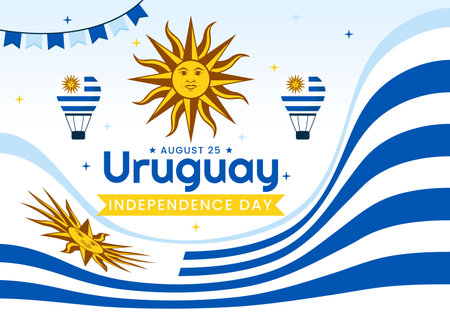 Happy Uruguay Independence Day Vector Illustration on 25 August featuring Waving Flag and Ribbon in National Holiday Flat Style Cartoon Backgroundのイラスト素材
