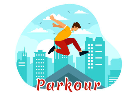 Parkour Sports Vector Illustration featuring Young Men Jumping Over Walls and Barriers in City Street and Building in a Flat Style Cartoon Backgroundのイラスト素材