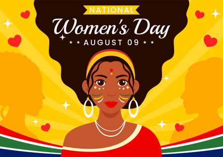 Happy Women's Day in South Africa Celebration Vector Illustration with an Ethnic Black Woman and Waving Flag in a National Holiday Flat Backgroundのイラスト素材