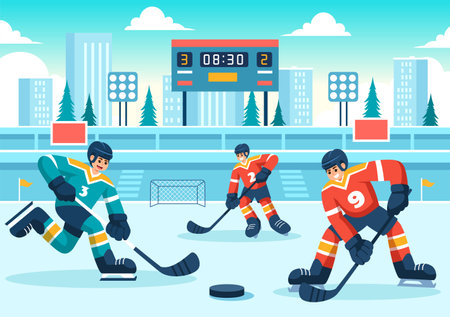 Ice Hockey Player Sport Vector Illustration featuring a Helmet, Stick, Puck, and Skates on an Ice Surface for Game or Championship in a Flat Cartoonのイラスト素材