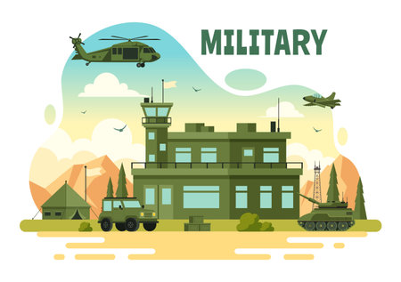 Vector Illustration of Military Army Forces featuring Soldiers, Weapons, Tanks, and Heavy Protective Equipment in a Flat Style Cartoon Backgroundのイラスト素材