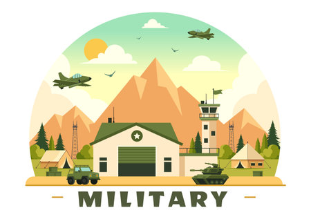 Vector Illustration of Military Army Forces featuring Soldiers, Weapons, Tanks, and Heavy Protective Equipment in a Flat Style Cartoon Backgroundのイラスト素材
