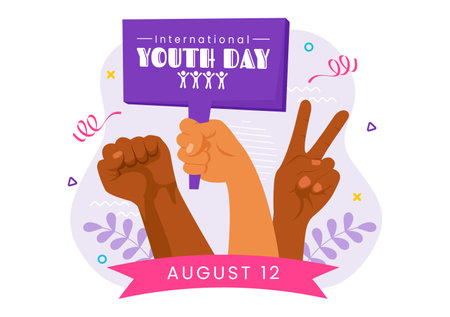 Happy International Youth Day Vector Illustration featuring Young Boys and Girls Together in a Flat Style Cartoon Backgroundのイラスト素材