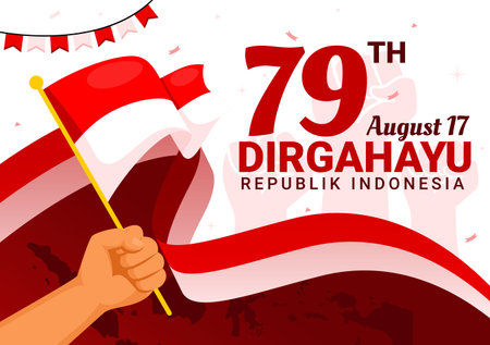 Indonesia Independence Day Vector illustration celebrating 17th August with the Indonesian Flag Raising the Red and White in a Flat Cartoon Backgroundのイラスト素材