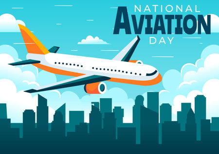 Vector Illustration for National Aviation Day featuring a Plane and Sky Blue Background to First Successful Airplane and Controlled Flight Celebrationのイラスト素材