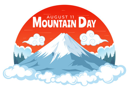 Mountain Day in Japan Vector Illustration on August 11 featuring Mount Fuji and Sakura Flower Background in a Flat Cartoon Style Designのイラスト素材