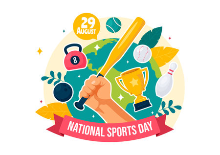 National Sports Day Vector Illustration featuring Athletes from Various Sports and Equipment in a Flat Style Cartoon Backgroundのイラスト素材