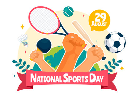 National Sports Day Vector Illustration featuring Athletes from Various Sports and Equipment in a Flat Style Cartoon Backgroundのイラスト素材