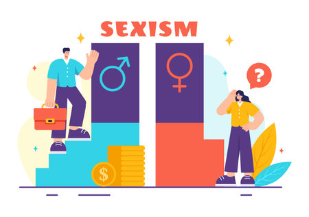 Sexism Vector Illustration Showing Gender Inequality Between Men and Women in the Workplace or Society to Stop Discrimination in Cartoon Backgroundのイラスト素材