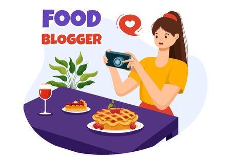 Food Blogger Vector Illustration featuring Influencer Reviewing and Sharing on the Blog at a Restaurant in Flat Style Cartoon Backgroundのイラスト素材