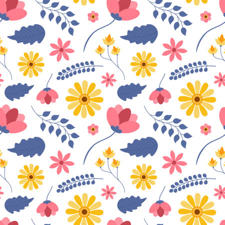 Floral Seamless Pattern Design Illustration with Blooming Branches and Leaf Flower in Hand-Drawn Cartoon Style Templateのイラスト素材