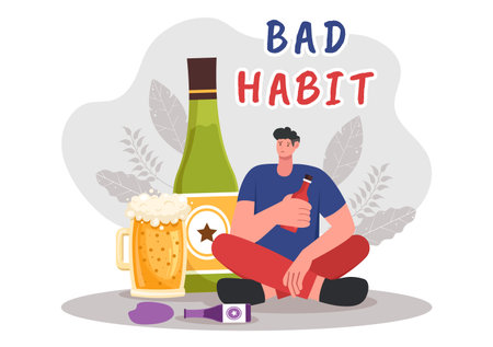Vector Illustration of Bad Habits Featuring Unhealthy Lifestyles such as Eating Fast Food or Drinking Alcohol in a Flat Cartoon Style Backgroundのイラスト素材