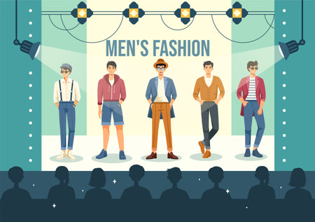 Men's Fashion Show Vector Illustration featuring Male Models Displaying Clothes on the Runway in Modern Trendy Outfits in a Flat Cartoon Backgroundのイラスト素材