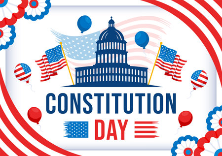 Happy Constitution Day United States Vector Illustration Vector Illustration on September 17th with an American Waving Flag and the Capitol Buildingのイラスト素材
