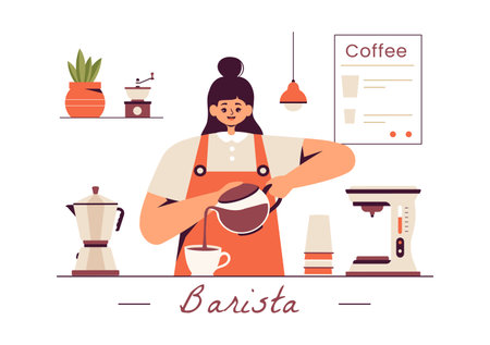 Barista Vector Illustration Wearing an Apron, Standing and Whipping Milk into a Coffee Mug for a Customer in a Flat Style Cartoon Backgroundのイラスト素材