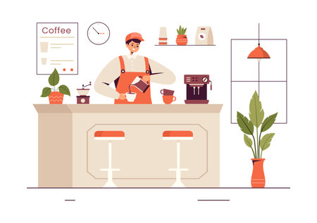 Barista Vector Illustration Wearing an Apron, Standing and Whipping Milk into a Coffee Mug for a Customer in a Flat Style Cartoon Backgroundのイラスト素材